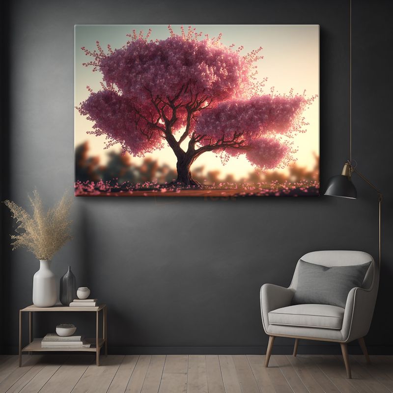 Pembe Ağaç - Gün Batımında Büyüleyici Doğa Kanvas Tablo