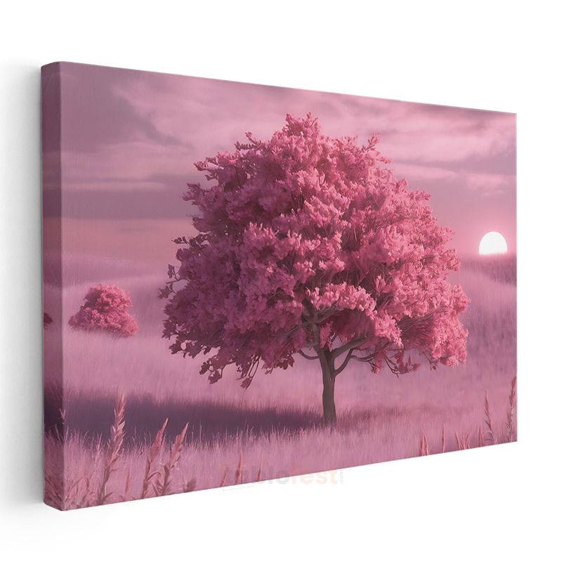 Pembe Ağaç - Gün Batımı Huzuru Kanvas Tablo