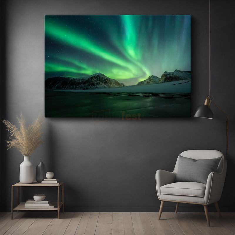 Aurora Borealis - Karlı Dağlar Üzerinde Işık Şöleni Kanvas Tablo