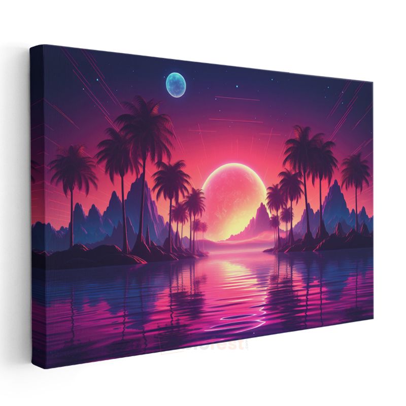 Neon Cennet - Retrowave Tarzı Gün Batımı Manzarası Kanvas Tablo