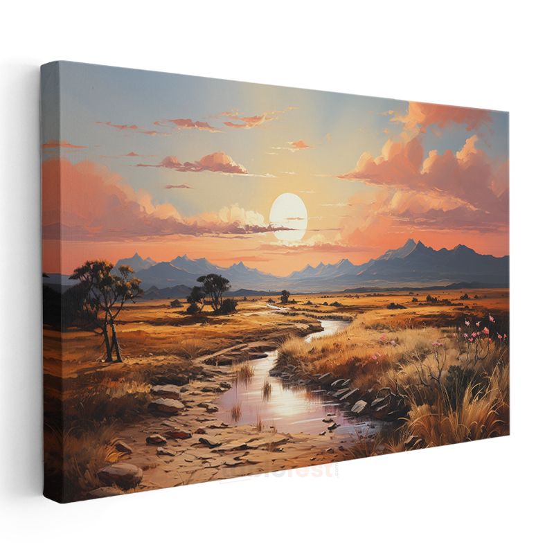 Altın Savana - Gün Batımında Irmak Kenarı Manzarası Kanvas Tablo