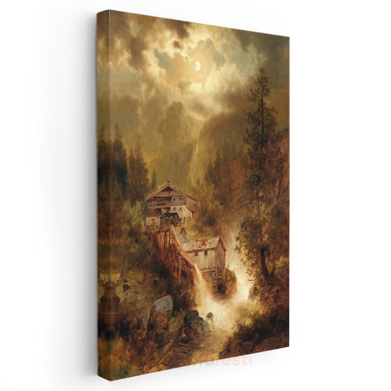 Albert Bierstadt - Dağ Evleri ve Şelale Kanvas Tablo