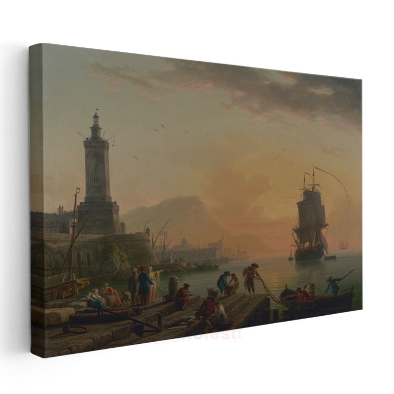 Claude-Joseph Vernet - Akdeniz Limanında Günbatımı Kanvas Tablo