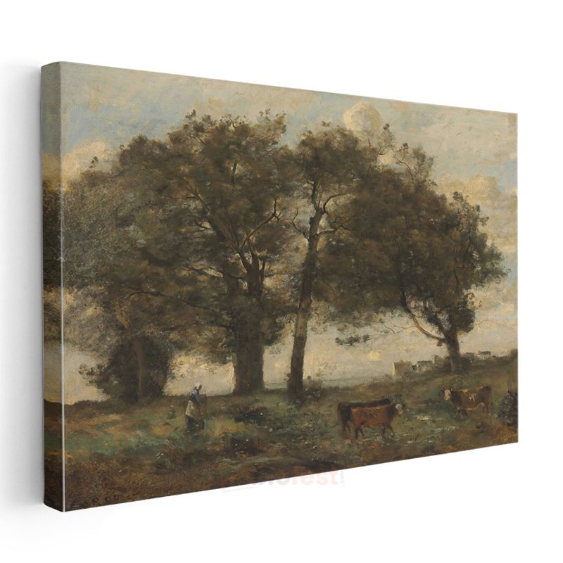 Jean-Baptiste-Camille Corot - Ağaçlar ve Çoban Kanvas Tablo