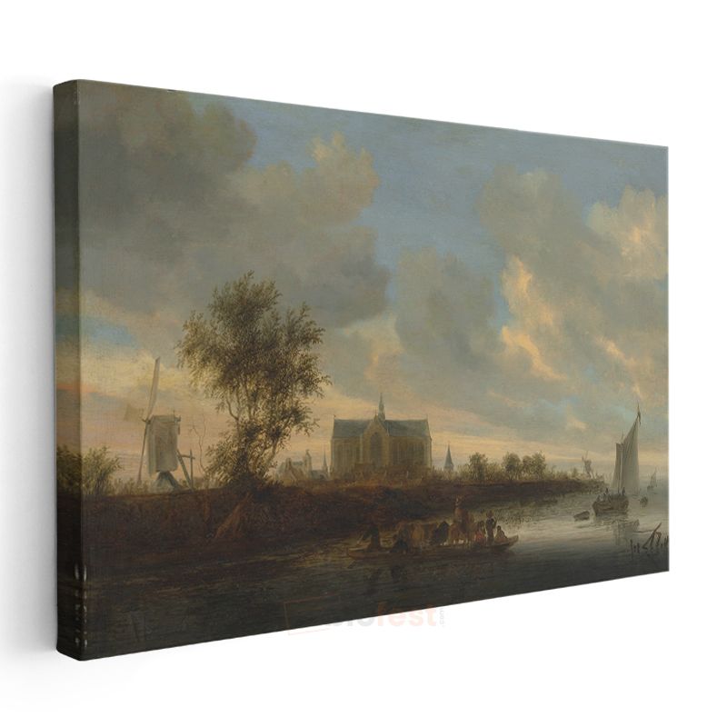Jan van Goyen - Nehir Kıyısında Kilise Manzarası Kanvas Tablo