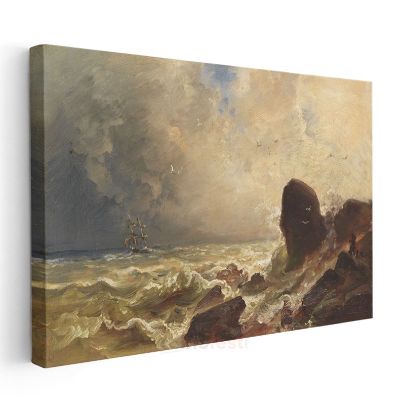 Andreas Achenbach - Fırtınalı Denizde Gemi Kanvas Tablo