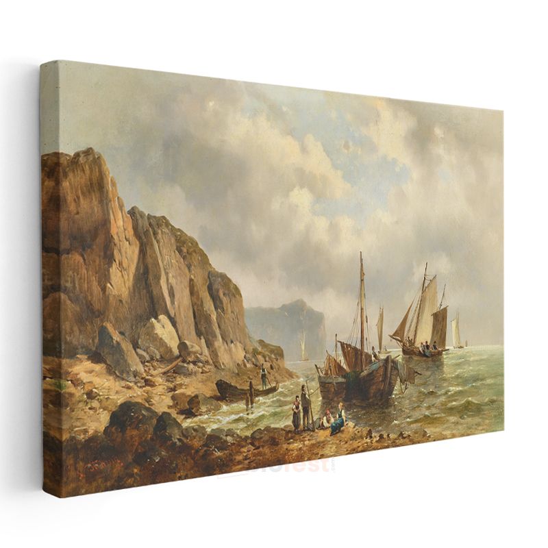 Andreas Achenbach - Kayalık Sahilde Tekneler Kanvas Tablo