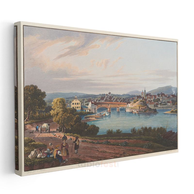 Johann Ludwig Bleuler - Nehir Kıyısında Köy Manzarası Kanvas Tablo