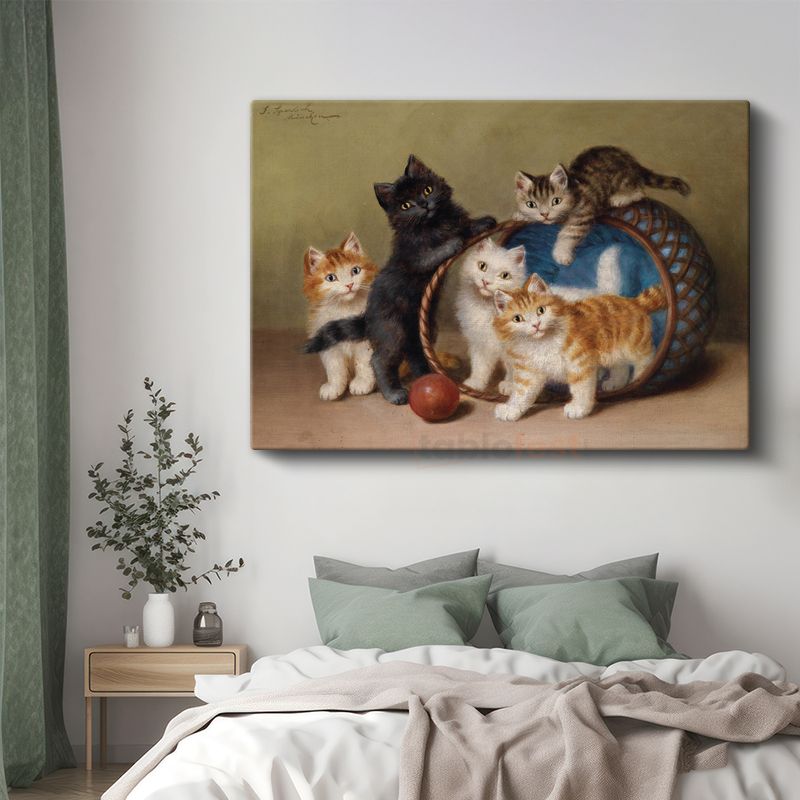 Henriette Ronner-Knip - Sepetteki Yavru Kediler Kanvas Tablo