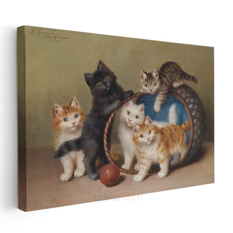 Henriette Ronner-Knip - Sepetteki Yavru Kediler Kanvas Tablo