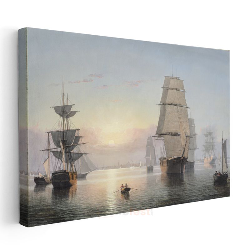 Fitz Hugh Lane - Durgun Denizde Yelkenliler Kanvas Tablo