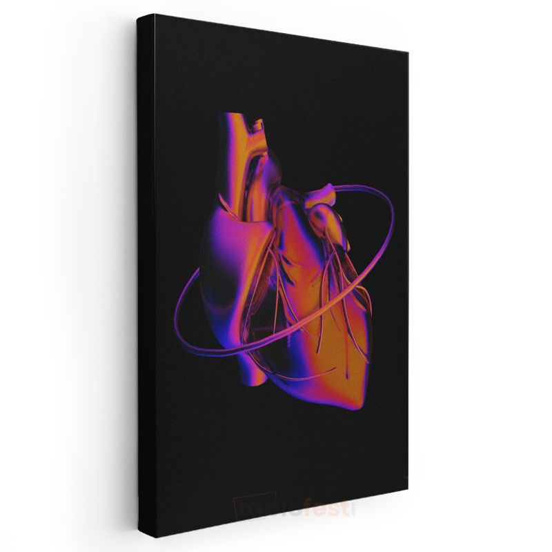 Kalp Ritmi - Neon Anatomik Kalp ve Enerji Halkası Kanvas Tablo