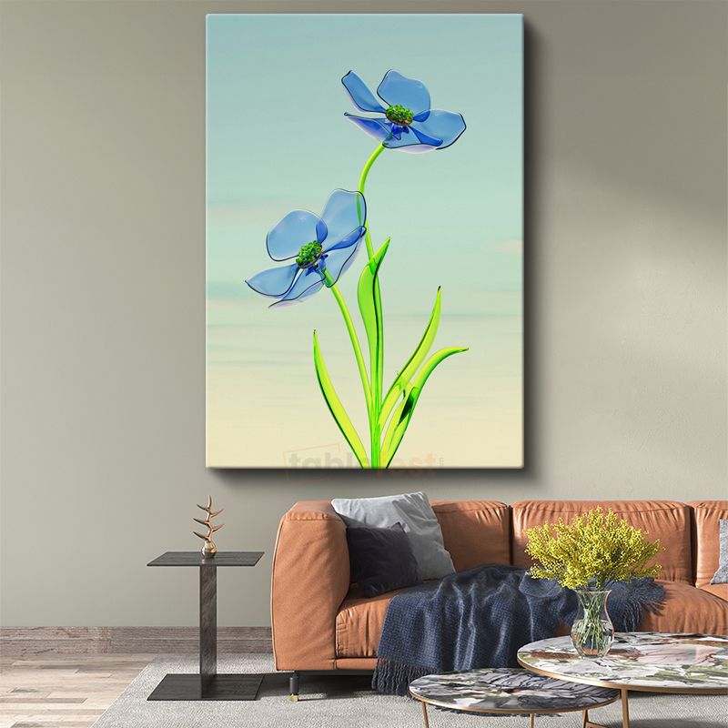 Cam Çiçekler - Minimalist Mavi Flora Kanvas Tablo