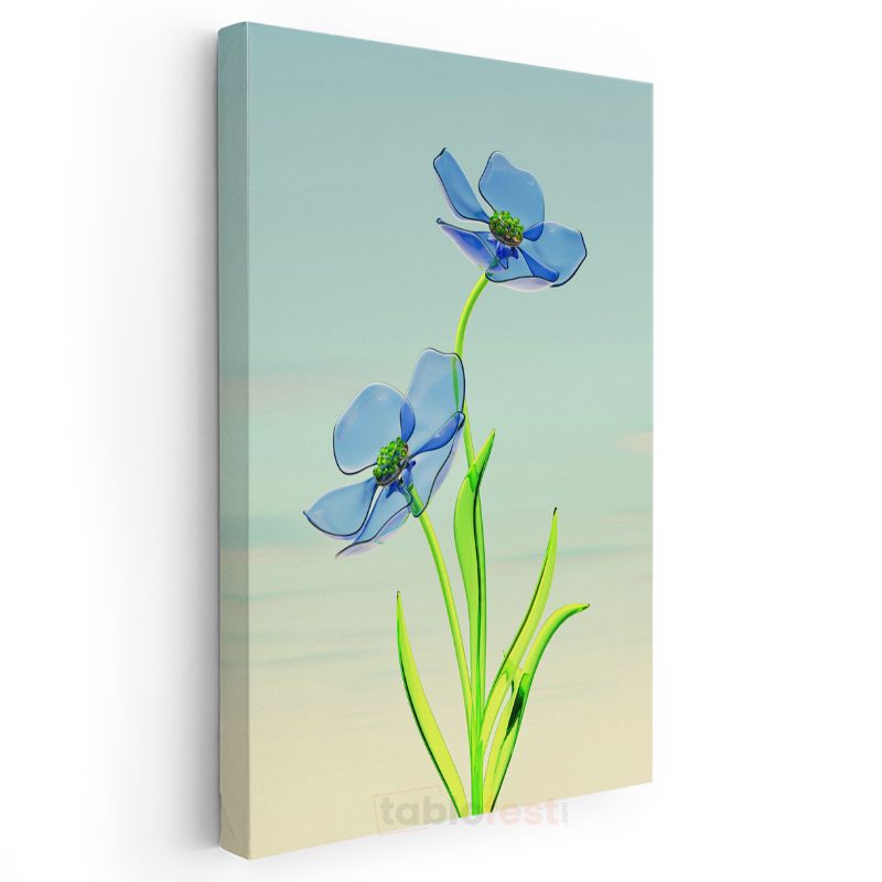Cam Çiçekler - Minimalist Mavi Flora Kanvas Tablo