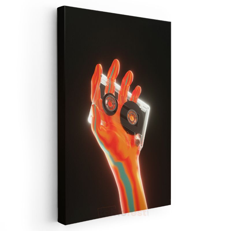 Dijital Nostalji - Neon Renkli El ve Kaset Vektörel Kanvas Tablo