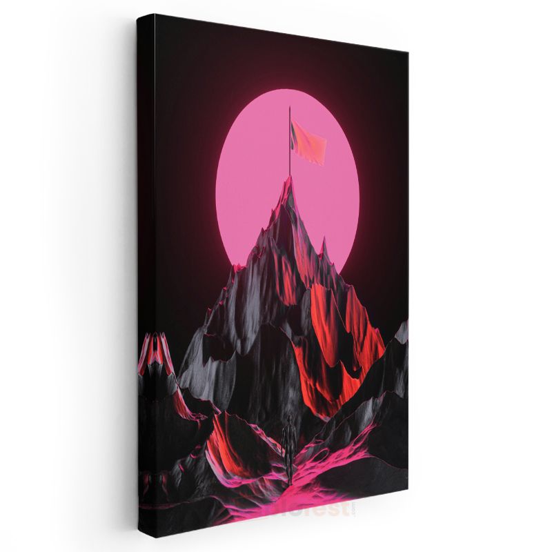 Pembe Zirve - Neon Dağ Silüeti Kanvas Tablo