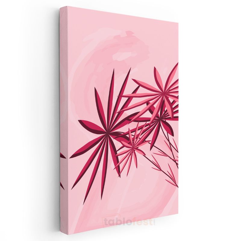 Kırmızı Yıldız Yapraklar - Pembe Tonlarında Geometrik Bitki Desenleri Kanvas Tablo