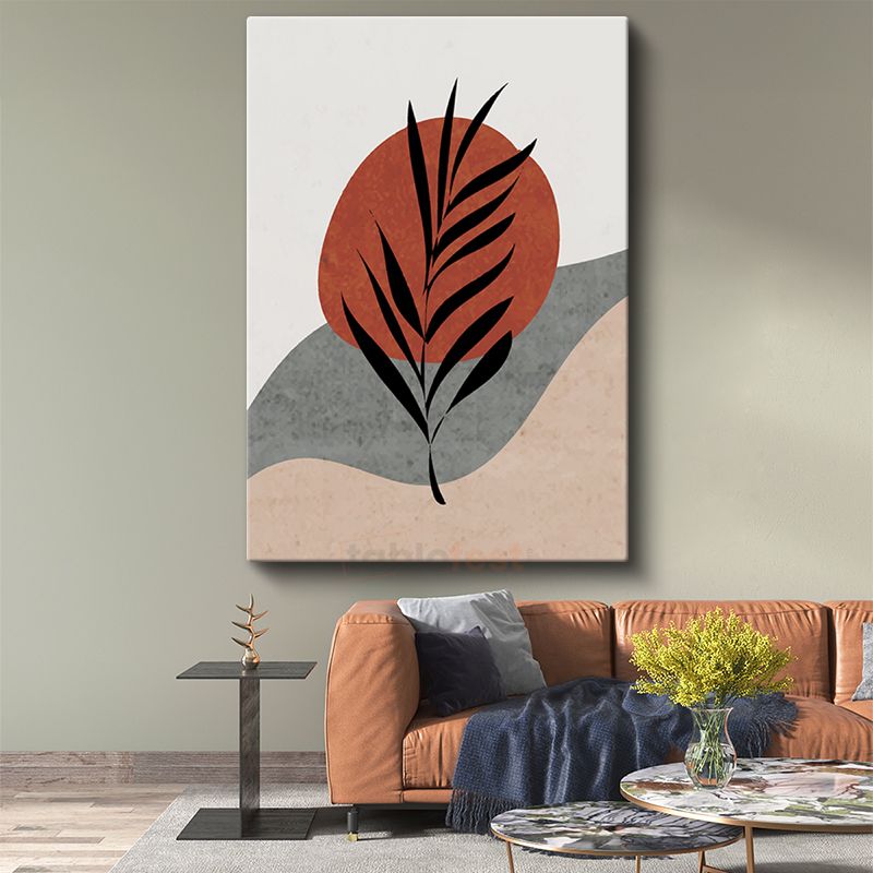 Kızıl Güneş - Minimalist Yaprak Silueti Kanvas Tablo