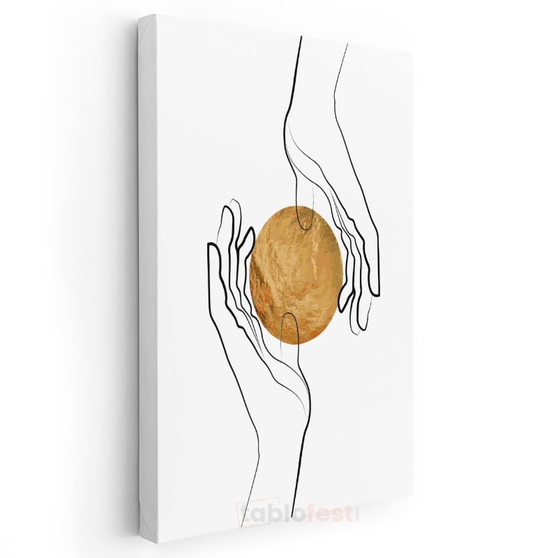Altın Küre - Minimalist Çizgi Sanatıyla Eller Arasında Denge Kanvas Tablo