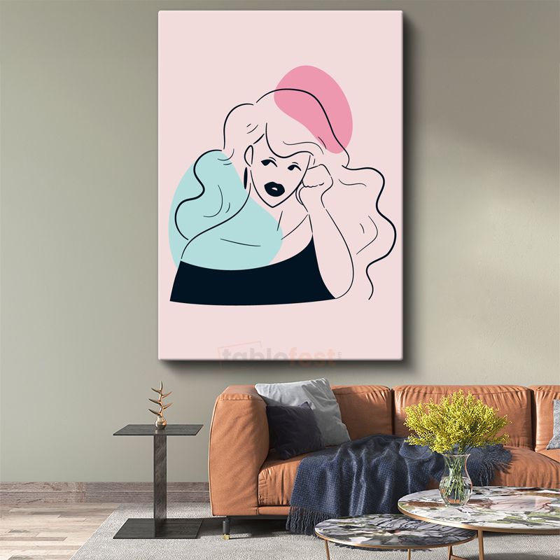 Pastel Düşler - Turkuaz Detaylı Modern Çizgi Portre Kanvas Tablo