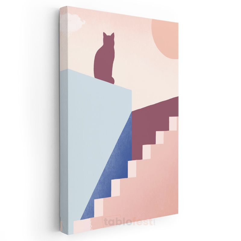 Kedi Silueti - Geometrik Merdivenler ve Pastel Tonlar Kanvas Tablo