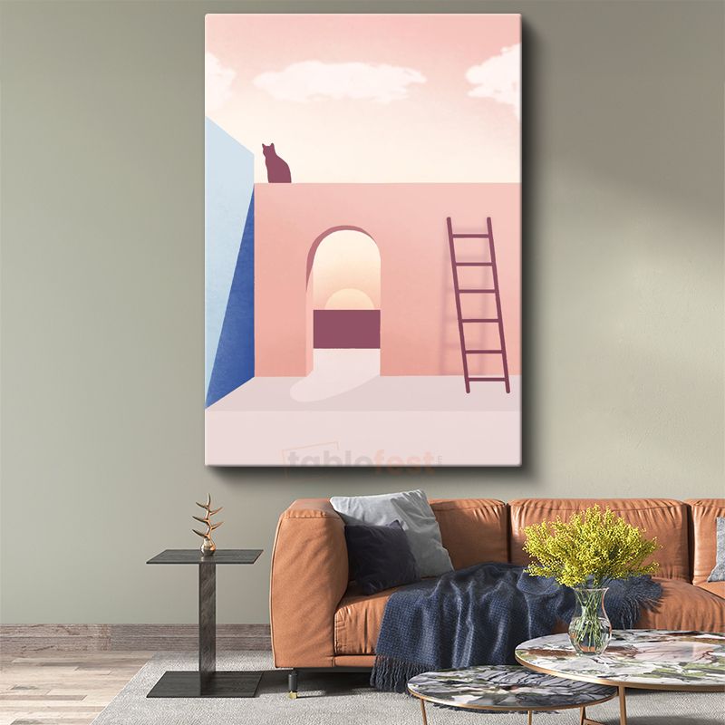 Çatı Kedisi - Minimalist Mimari ve Merdiven Kanvas Tablo