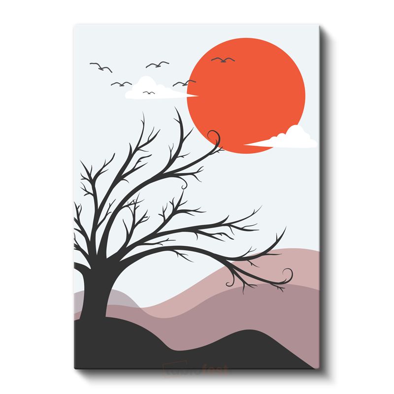 Kızıl Ufuk - Minimalist Ağaç Silueti Kanvas Tablo