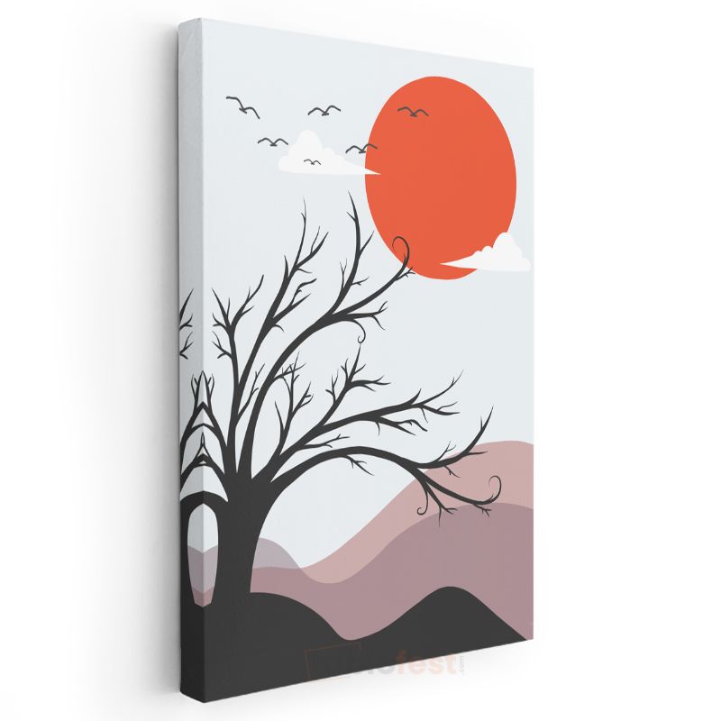 Kızıl Ufuk - Minimalist Ağaç Silueti Kanvas Tablo
