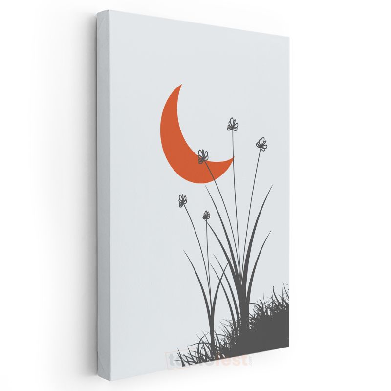 Turuncu Hilal - Minimalist Çiçek Siluetleri Kanvas Tablo