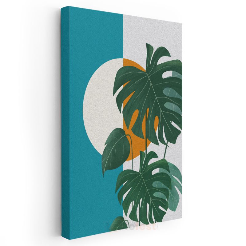Monstera Yaprakları - Turkuaz Minimalist Kompozisyon Kanvas Tablo