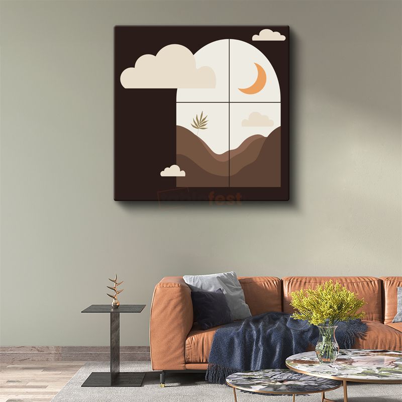 Minimalist Gece - Geometrik Ay ve Dağlar Kanvas Tablo