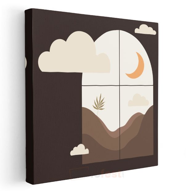 Minimalist Gece - Geometrik Ay ve Dağlar Kanvas Tablo