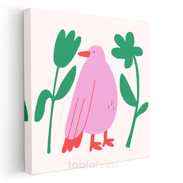 Pembe Kuş - Stilize Flora Fauna İllüstrasyon Kanvas Tablo
