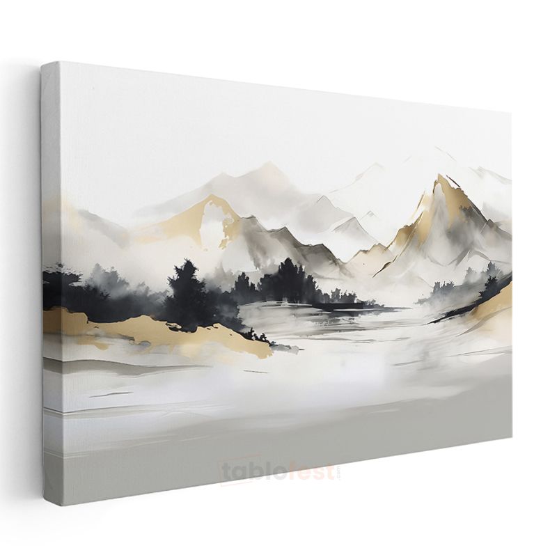 Minimalist Dağlar - Siyah Beyaz Altın Siluet Kanvas Tablo