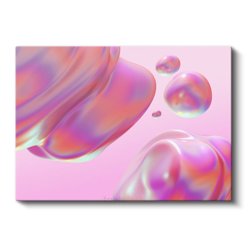 Holografik Küreler - Pembe Zeminde İridescent Kabarcıklar Kanvas Tablo
