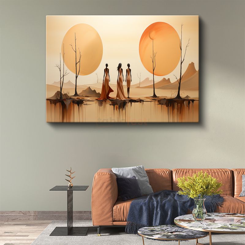 Çöl Silüetleri - Minimalist Figürler ve İkili Güneş Kompozisyonu Kanvas Tablo