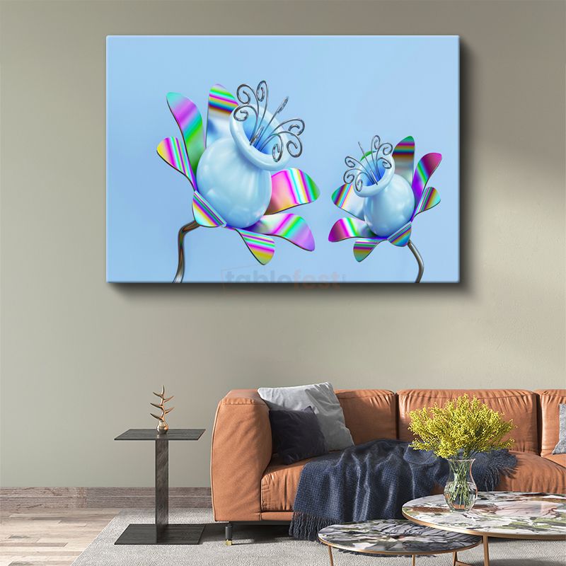 Holografik Çiçekler - Mavi Gökyüzü Altında Fantastik Botanik Kanvas Tablo