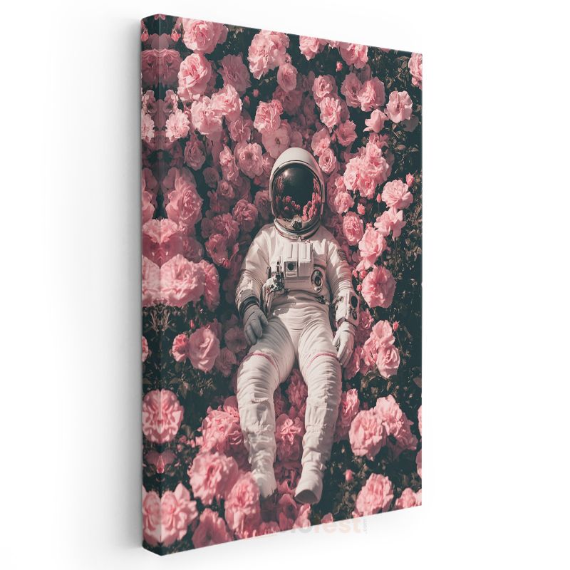 Kozmik Bahçe - Güller Arasında Dinlenen Astronot Kanvas Tablo