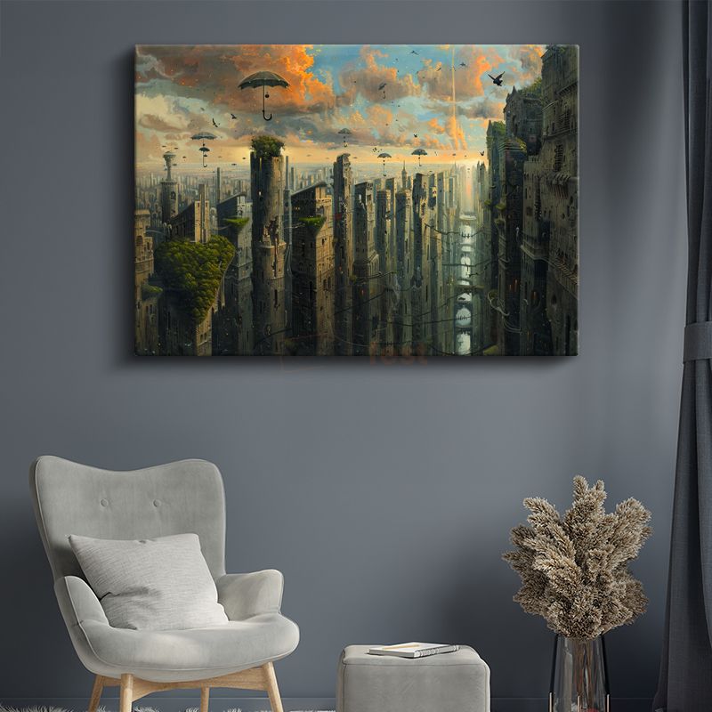 Dikey Metropolis - Gökyüzünde Süzülen Şemsiyeler Kanvas Tablo