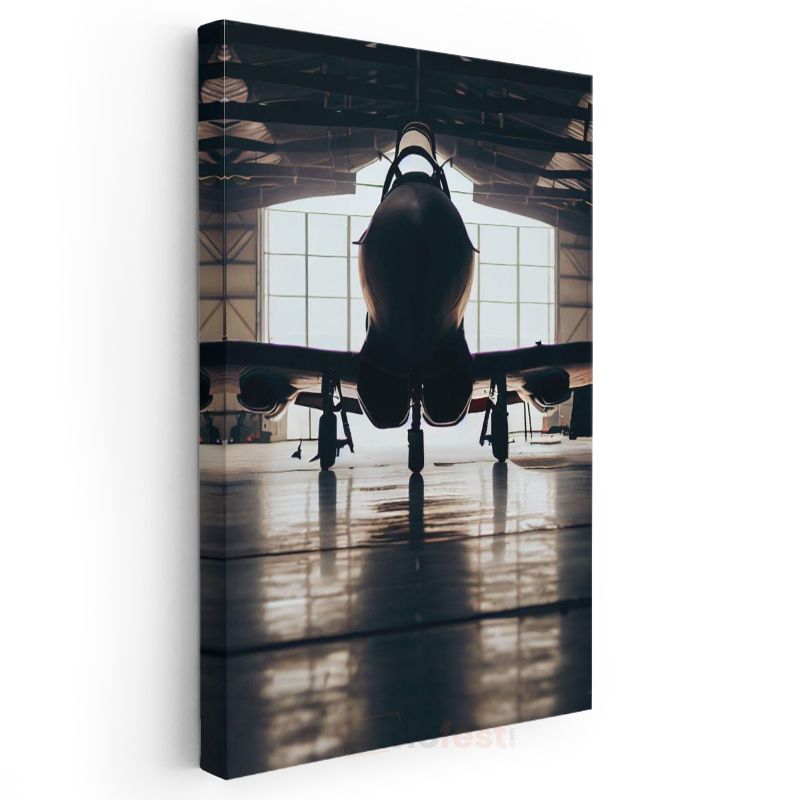 Savaş Uçağı Silueti - Hangar İçinde Askeri Jet Kanvas Tablo
