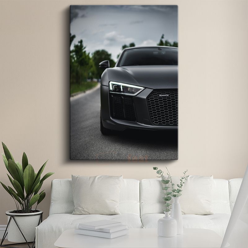 Audi R8 - Mat Siyah Spor Otomobil Ön Tasarım Kanvas Tablo