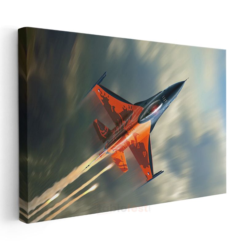 F-16 Savaş Uçağı - Turuncu Özel Tasarım Hava Aracı Kanvas Tablo