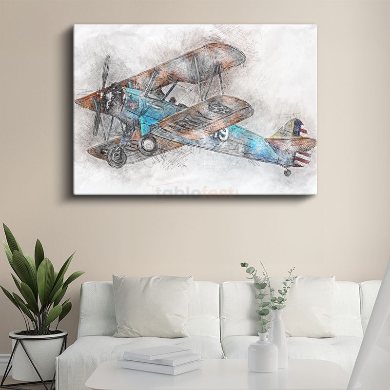 Klasik Çift Kanatlı Uçak - Nostaljik Havacılık Sanatı Kanvas Tablo