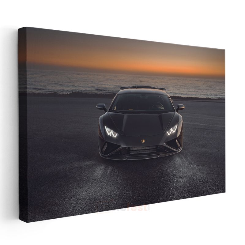 Lamborghini Huracan - Gün Batımında Siyah Süper Otomobil Kanvas Tablo