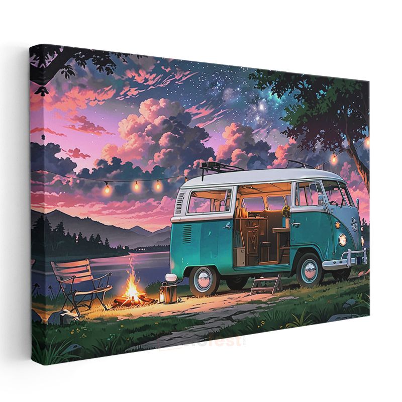 Volkswagen T1 - Turkuaz Kamp Minibüsü Gün Batımı Kanvas Tablo