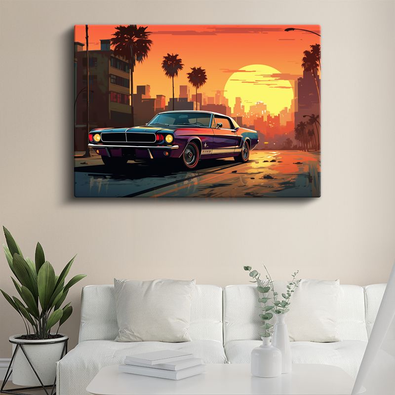 Ford Mustang GT - Gün Batımı Şehir Manzarası Kanvas Tablo