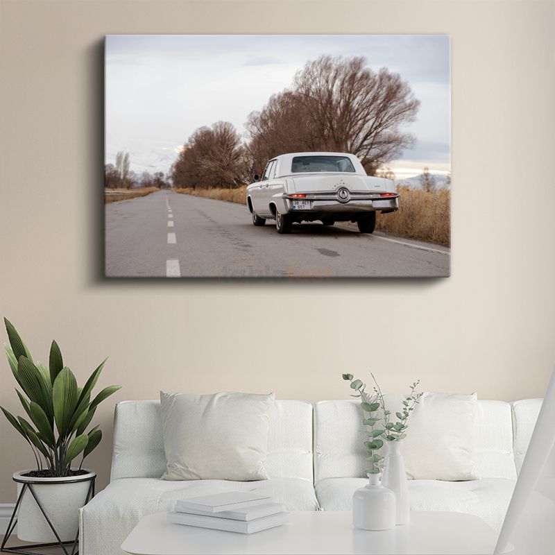 Chrysler Imperial - Kırsal Yolda Nostaljik Beyaz Sedan Kanvas Tablo