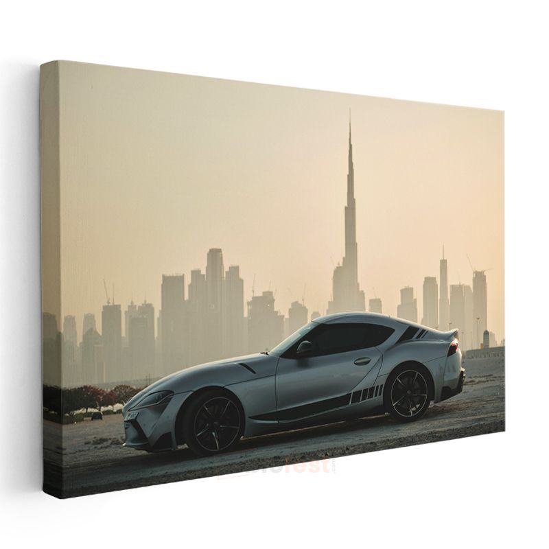 Toyota Supra - Dubai Silueti Önünde Modern Spor Araba Kanvas Tablo