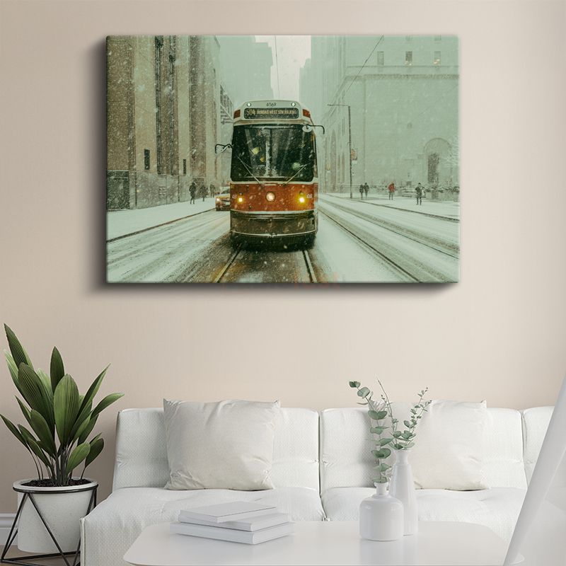 Tramvay - Karlı Şehir Merkezinde Nostaljik Ulaşım Kanvas Tablo