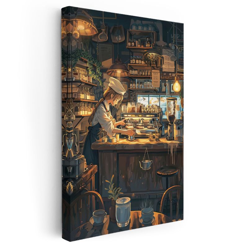 Kahve Ustası - Sıcak Kafe Atmosferi Anime Kanvas Tablo